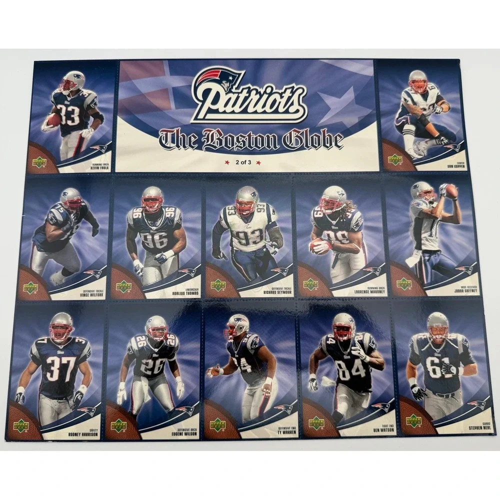 2007 Upper Deck New England Patriots Boston Globe Complete 3 Sheet Set Tom Brady